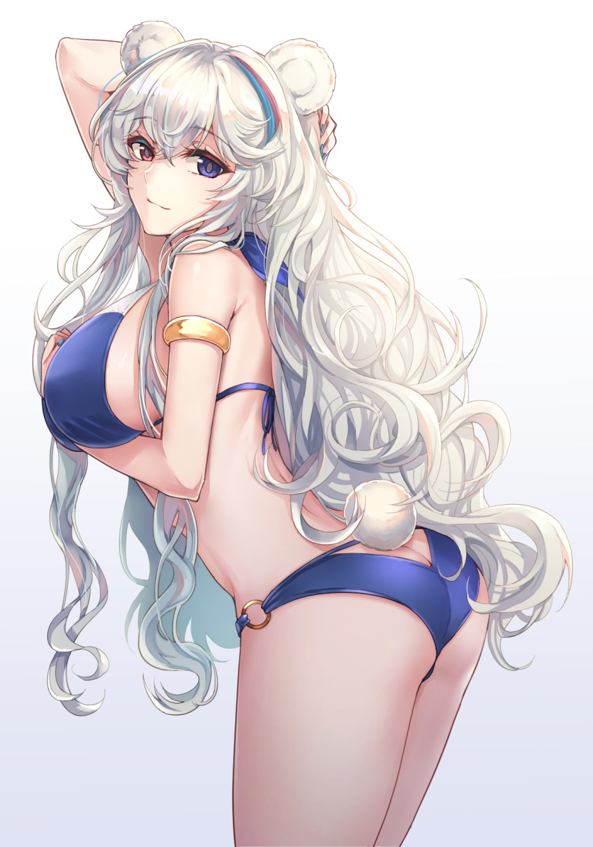 1girl animal_ears arknights arm_behind_head arm_up armlet ass ass_cutout bare_shoulders bear_ears bikini blue_bikini blue_nails breasts bunny_tail clothing_cutout cowboy_shot halterneck heterochromia highres large_breasts leaning_forward long_hair looking_at_viewer looking_back multicolored_hair nail_polish o-ring o-ring_bikini red_eyes rosa_(arknights) simple_background solo standing streaked_hair string_bikini swimsuit tail thighs very_long_hair violet_eyes white_background white_hair yuemanhuaikong