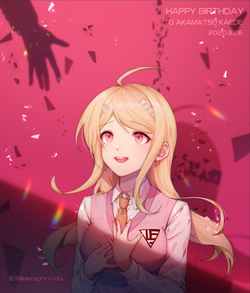 1girl ahoge akamatsu_kaede artist_name bangs blonde_hair breasts character_name commentary_request dangan_ronpa dated eighth_note ewa_(seraphhuiyu) hair_ornament happy_birthday highres large_breasts long_hair long_sleeves looking_up musical_note musical_note_hair_ornament necktie new_dangan_ronpa_v3 open_mouth pink_sweater_vest shirt smile solo_focus sweater_vest upper_body upper_teeth white_shirt