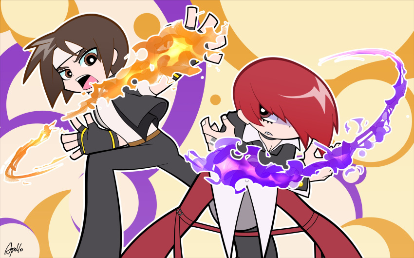 2boys absurdres apollo_(pixiv884782) brown_hair fingerless_gloves fire gloves hair_over_one_eye headband highres kusanagi_kyou multiple_boys open_mouth panty_&amp;_stocking_with_garterbelt purple_fire pyrokinesis redhead school_uniform the_king_of_fighters yagami_iori