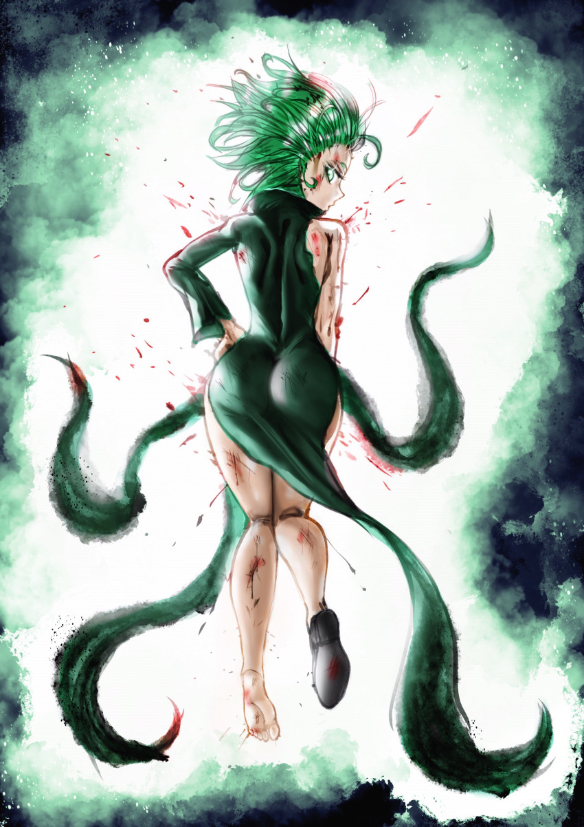 1girl absurdres ass black_footwear bleeding blood closed_mouth dress floating_hair from_behind green_dress green_hair green_theme highres looking_at_viewer looking_back one-punch_man parted_lips shoes short_hair sideways_glance single_shoe skin_tight solo tatsumaki the_golden_smurf