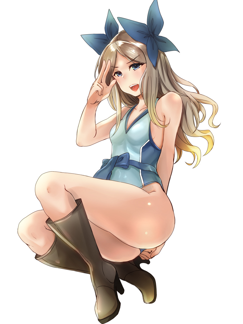 1girl absurdres adapted_costume asakaze_(kantai_collection) ass blue_bow blue_eyes blue_swimsuit boots bow breasts casual_one-piece_swimsuit collarbone competition_swimsuit cross-laced_footwear eureka_(eureka-0075) eyebrows_visible_through_hair forehead full_body hair_ribbon highres kantai_collection knee_boots lace-up_boots light_brown_hair lips long_hair looking_at_viewer one-piece_swimsuit open_mouth ribbon sash signature simple_background small_breasts solo swimsuit thighs wavy_hair white_background