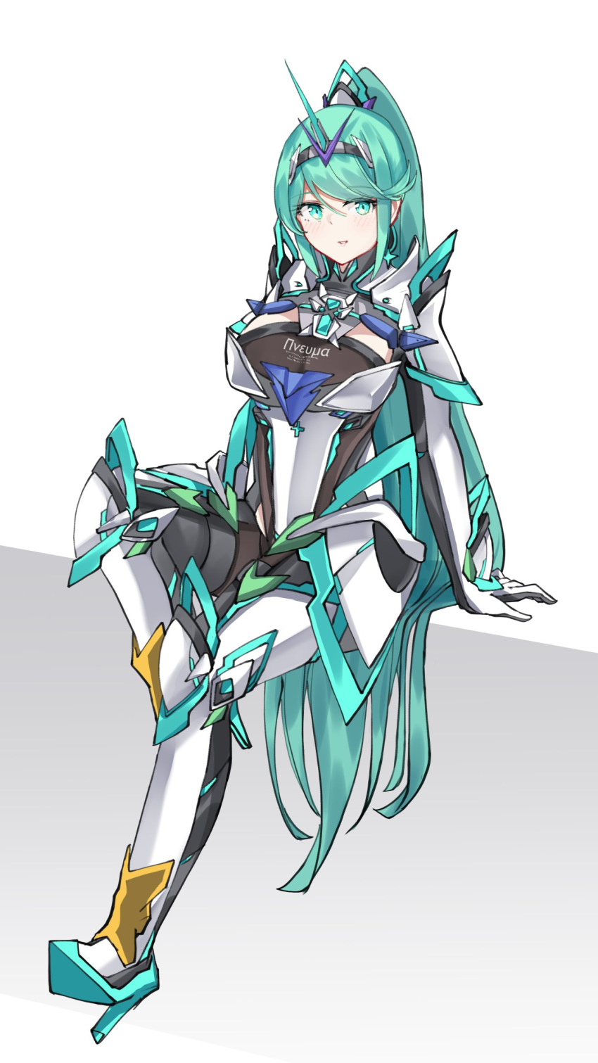 1girl bangs breasts chest_jewel earrings full_body gloves green_eyes green_hair high_heels highres jewelry large_breasts long_hair long_ponytail pneuma_(xenoblade) ponytail sarasadou_dan sitting solo swept_bangs tiara very_long_hair white_background xenoblade_chronicles_(series) xenoblade_chronicles_2