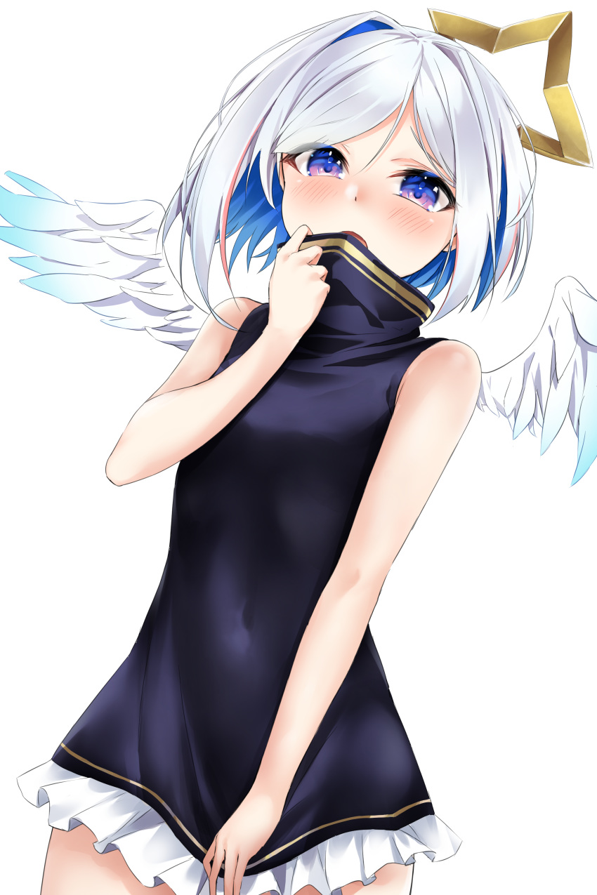 1girl absurdres amane_kanata angel_wings bangs bare_arms bare_shoulders black_dress blue_eyes blue_hair blush colored_inner_hair commentary_request covered_navel covering_mouth cowboy_shot dress dress_tug feathered_wings frilled_dress frills highres hololive looking_at_viewer multicolored_hair open_mouth short_hair silver_hair simple_background sleeveless solo two-tone_hair violet_eyes virtual_youtuber white_background white_wings wings yumemo