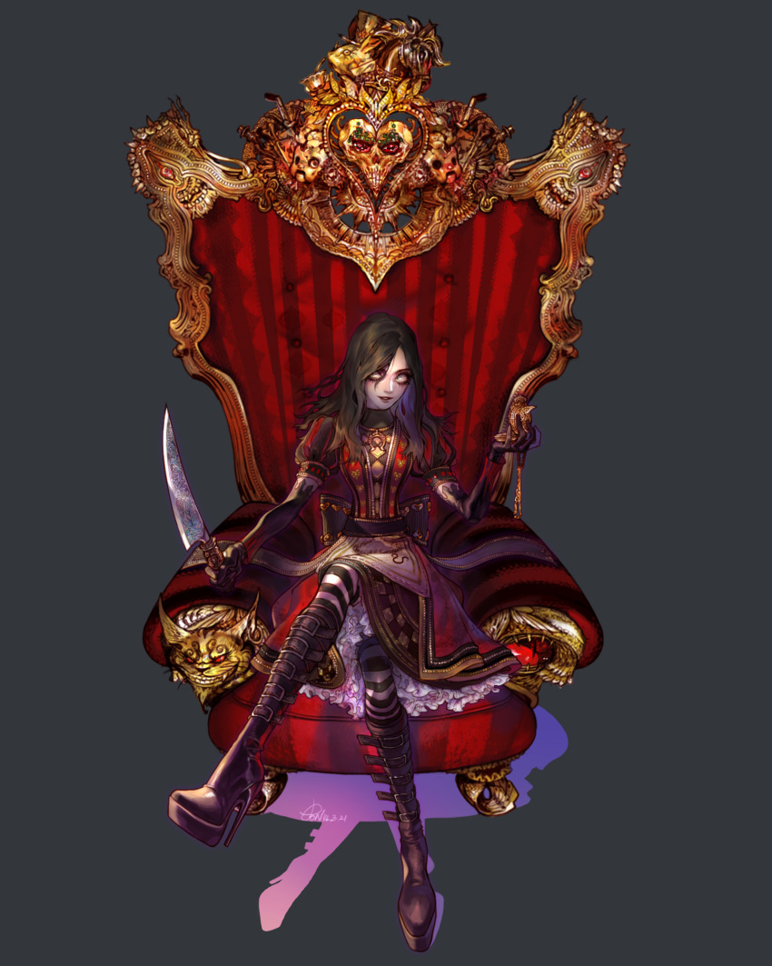 1girl alice:_madness_returns american_mcgee's_alice black_hair blood boots chair grey_background highres knife long_hair looking_at_viewer petticoat pigeon666 solo striped striped_legwear throne weapon