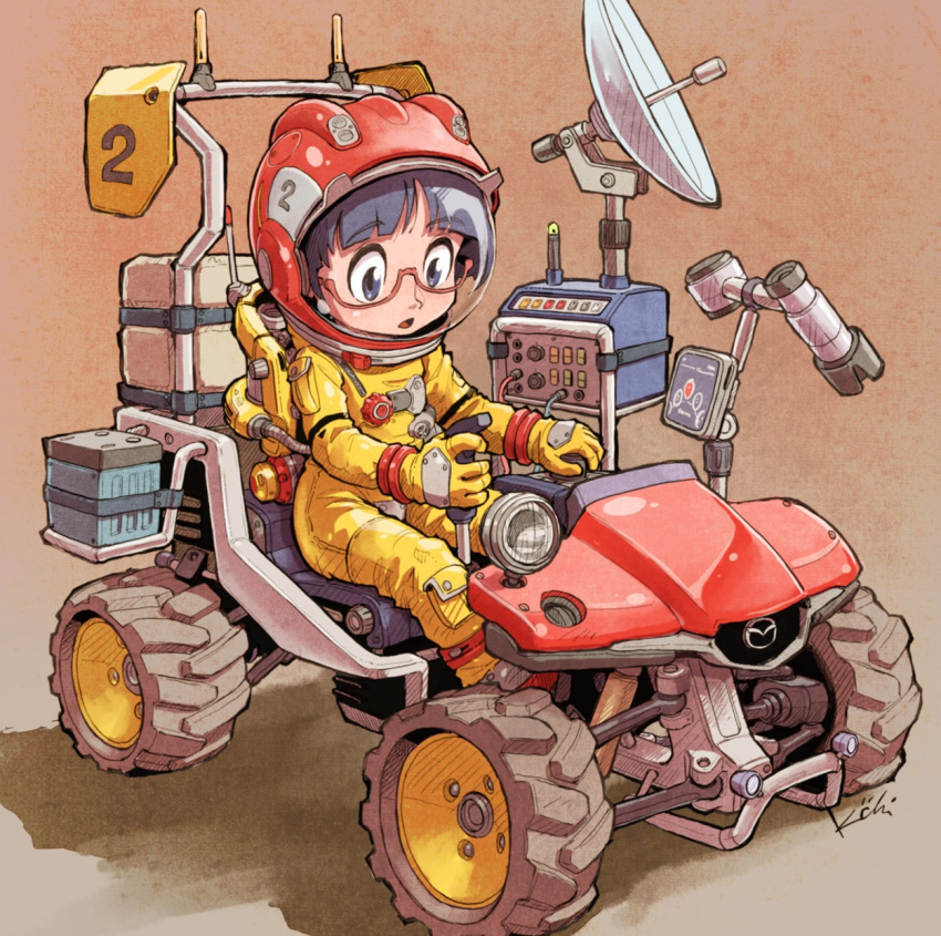 1girl :o all-terrain_vehicle black_hair commentary driving eyebrows_visible_through_hair glasses helmet highres kiichi mazda original satellite_dish science_fiction simple_background solo spacesuit