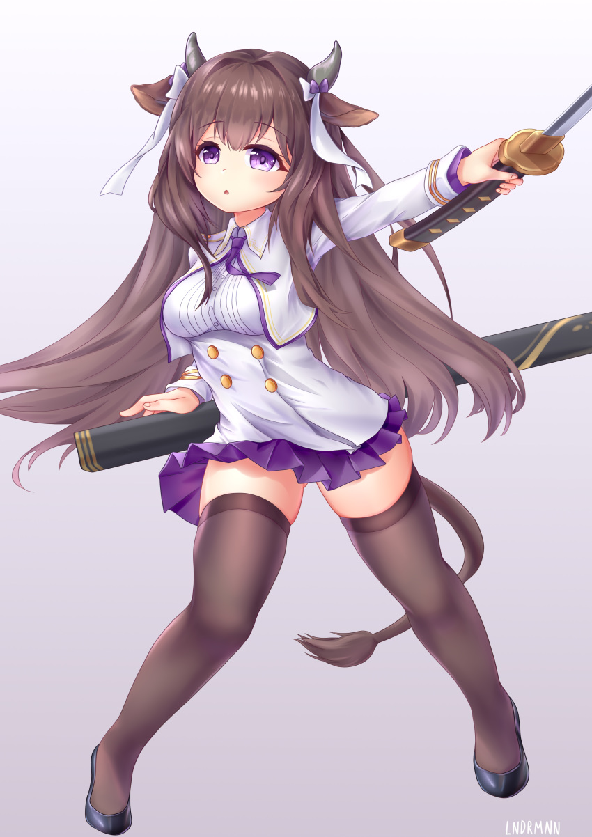 1girl absurdres animal_ears artist_name azur_lane bangs black_footwear breasts brown_hair brown_legwear cow_ears cow_girl cow_horns cow_tail cropped_jacket english_commentary eyebrows_visible_through_hair floating_hair full_body gradient gradient_background highres holding holding_sword holding_weapon horns jacket kashino_(azur_lane) katana lndrmnn long_hair long_sleeves looking_at_viewer medium_breasts name_tag necktie open_clothes open_jacket outstretched_arm parted_lips pleated_skirt purple_neckwear purple_skirt sheath shirt signature skindentation skirt solo standing sword tail thigh-highs very_long_hair violet_eyes weapon white_jacket white_shirt wing_collar younger zettai_ryouiki