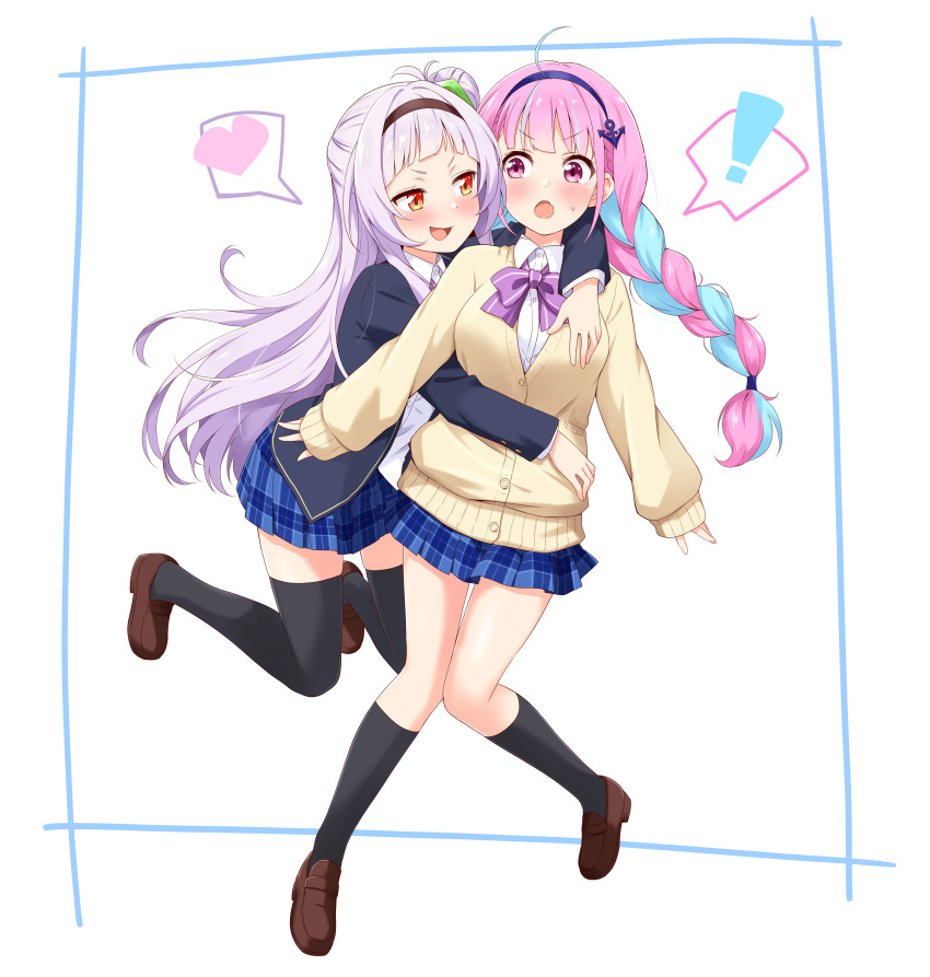 ! 2girls absurdres ahoge anchor_symbol black_legwear blazer blue_hair blue_jacket blue_skirt blush bow bowtie braid breasts cardigan collared_shirt commentary_request eyebrows_visible_through_hair facing_viewer fang felutiahime hair_between_eyes hair_bun hair_ornament hairband heart highres hololive hug jacket loafers long_hair looking_at_another medium_breasts minato_aqua multicolored_hair multiple_girls murasaki_shion open_blazer open_clothes open_jacket open_mouth plaid plaid_skirt pleated_skirt purple_hair purple_neckwear red_eyes shirt shoes simple_background skin_fang skirt spoken_exclamation_mark spoken_heart sweatdrop thigh-highs twin_braids two-tone_hair uniform v-shaped_eyebrows violet_eyes virtual_youtuber white_background white_shirt yellow_cardigan yuri