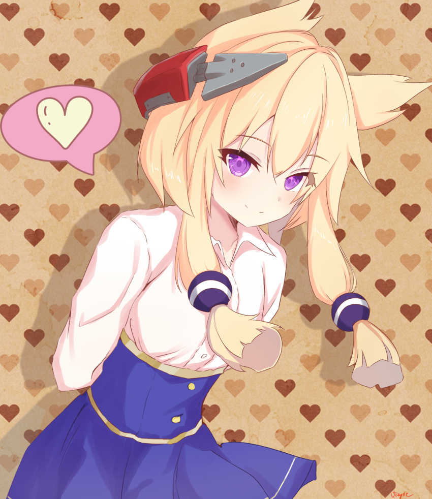 1girl animal_ears arms_behind_back azur_lane blonde_hair breasts closed_mouth eyebrows_visible_through_hair headgear heart highres long_sleeves looking_at_viewer shirt skirt small_breasts smile solo speech_bubble twintails vayneeeee violet_eyes warspite_(azur_lane) white_shirt