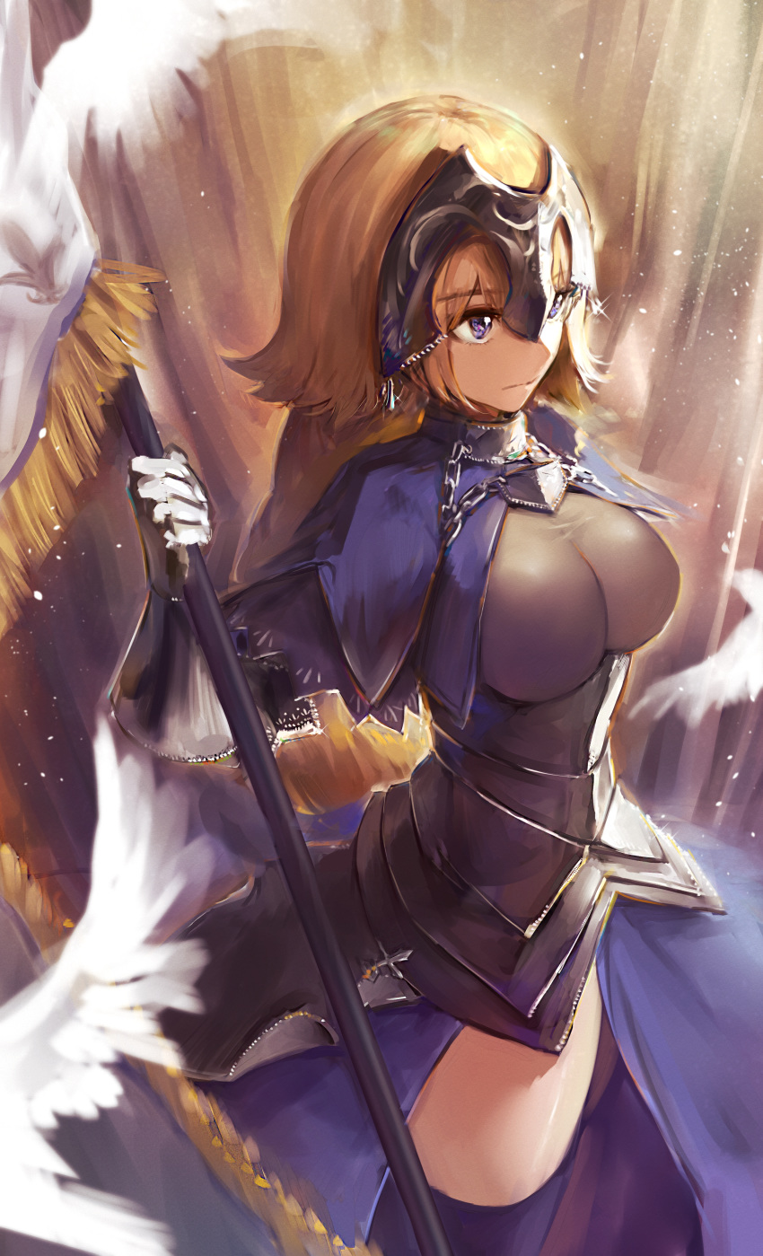 1girl absurdres armor blonde_hair blue_eyes blue_legwear breasts fate/apocrypha fate_(series) flag gauntlets helmet highres hoojiro huge_filesize jeanne_d'arc_(fate) jeanne_d'arc_(fate)_(all) large_breasts long_hair solo thigh-highs zettai_ryouiki