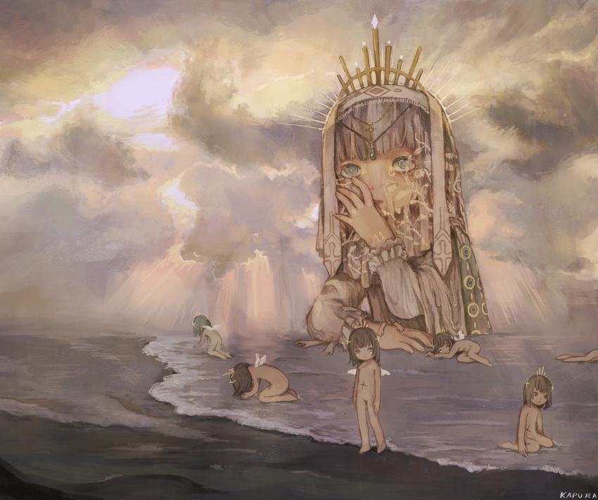 6+girls angel_wings bangs beach clouds cross crown hand_up headdress highres kapura long_sleeves looking_at_viewer multiple_girls nude original signature waves wings