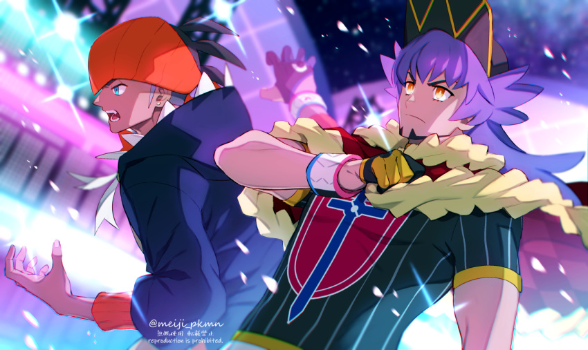 2boys aqua_eyes artist_name baseball_cap black_hair black_hoodie cape closed_mouth commentary_request dark_skin dark_skinned_male dynamax_band earrings facial_hair fur_trim gloves gym_leader hand_up hat jewelry leon_(pokemon) light long_hair male_focus meiji_ken multiple_boys official_style orange_eyes orange_headwear pokemon pokemon_(game) pokemon_swsh purple_hair raihan_(pokemon) watermark