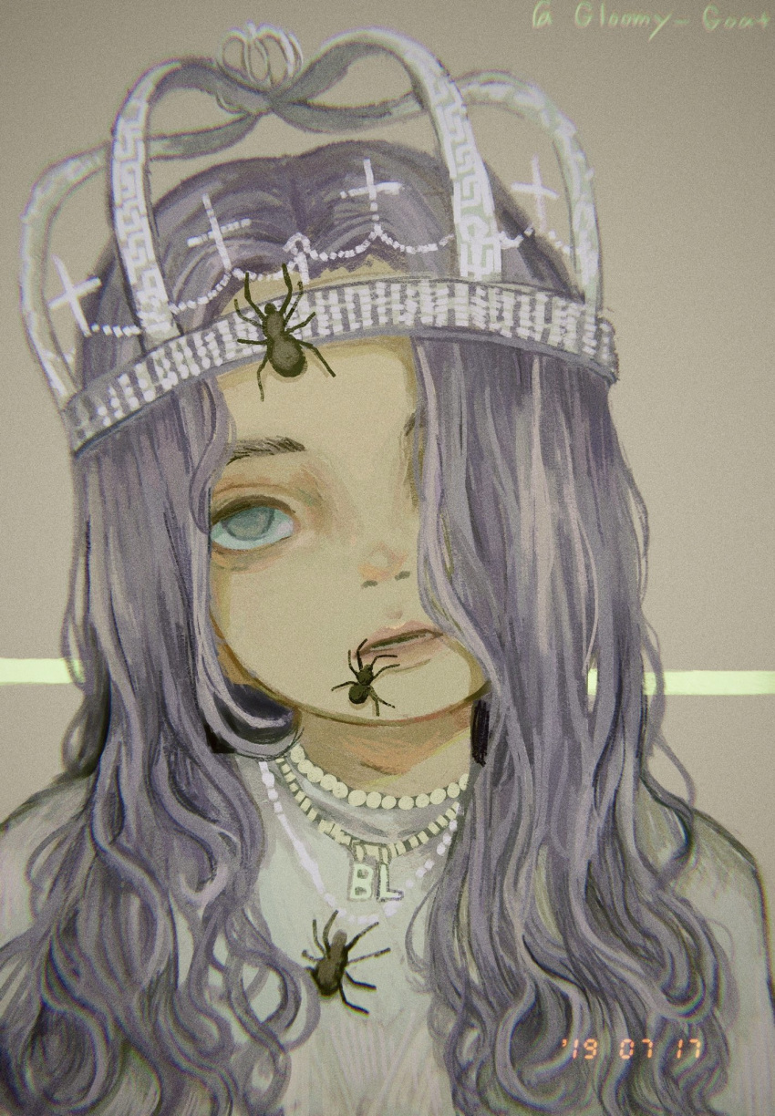 1girl billie_eilish bug crown dated grey_eyes hair_over_one_eye highres insect_on_head jewelry kapura long_hair necklace portrait purple_hair real_life shirt solo spider twitter_username white_shirt