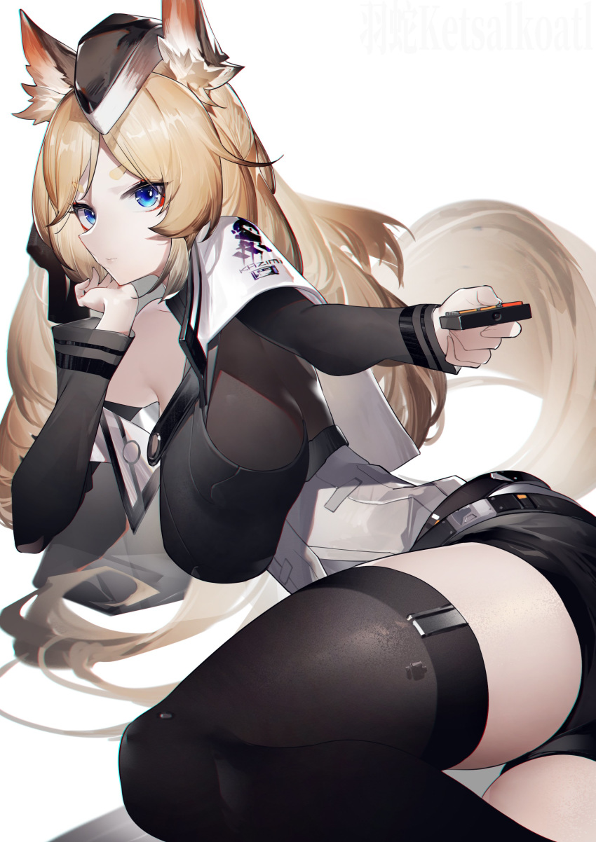 1girl absurdres animal_ear_fluff animal_ears arknights black_headwear black_legwear blonde_hair blue_eyes breasts chinese_commentary commentary_request feet_out_of_frame hand_up highres holding large_breasts long_hair long_sleeves looking_at_viewer simple_background solo thick_eyebrows thigh-highs thighs whislash_(arknights) white_background yushi_ketsalkoatl