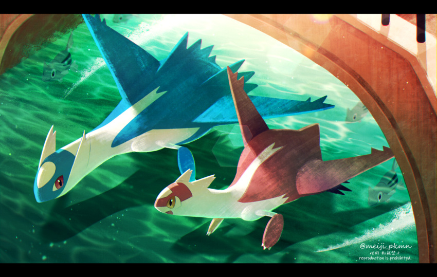 :d artist_name bridge claws commentary_request day from_above gen_2_pokemon gen_3_pokemon happy latias latios legendary_pokemon lens_flare looking_at_another meiji_ken no_humans open_mouth outdoors pokemon pokemon_(creature) red_eyes remoraid smile water watermark yellow_eyes