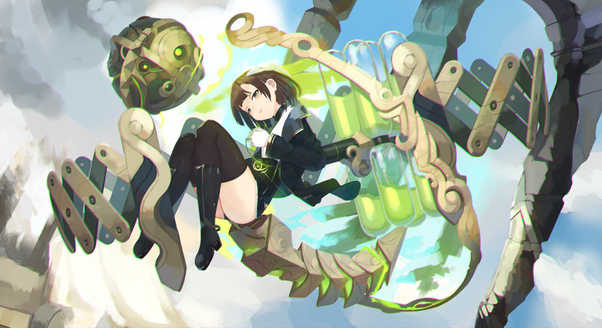 1girl bangs black_footwear black_jacket black_shirt black_shorts boots brown_hair brown_legwear commentary day english_commentary gloves glowing green_eyes head_tilt high_heel_boots high_heels highres jacket knee_boots long_sleeves looking_at_viewer mecha_musume natori_youkai open_clothes open_jacket original outdoors parted_lips shirt short_shorts shorts solo tail thigh-highs thighhighs_under_boots white_gloves