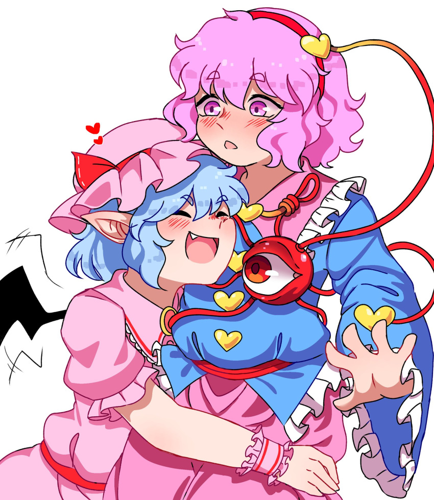 2girls bat_wings blue_hair buttons dress eyeball fang hat hat_ribbon heart highres hug komeiji_satori lanalopez92 mob_cap multiple_girls pink_dress pink_eyes pink_hair remilia_scarlet ribbon short_hair third_eye touhou wings