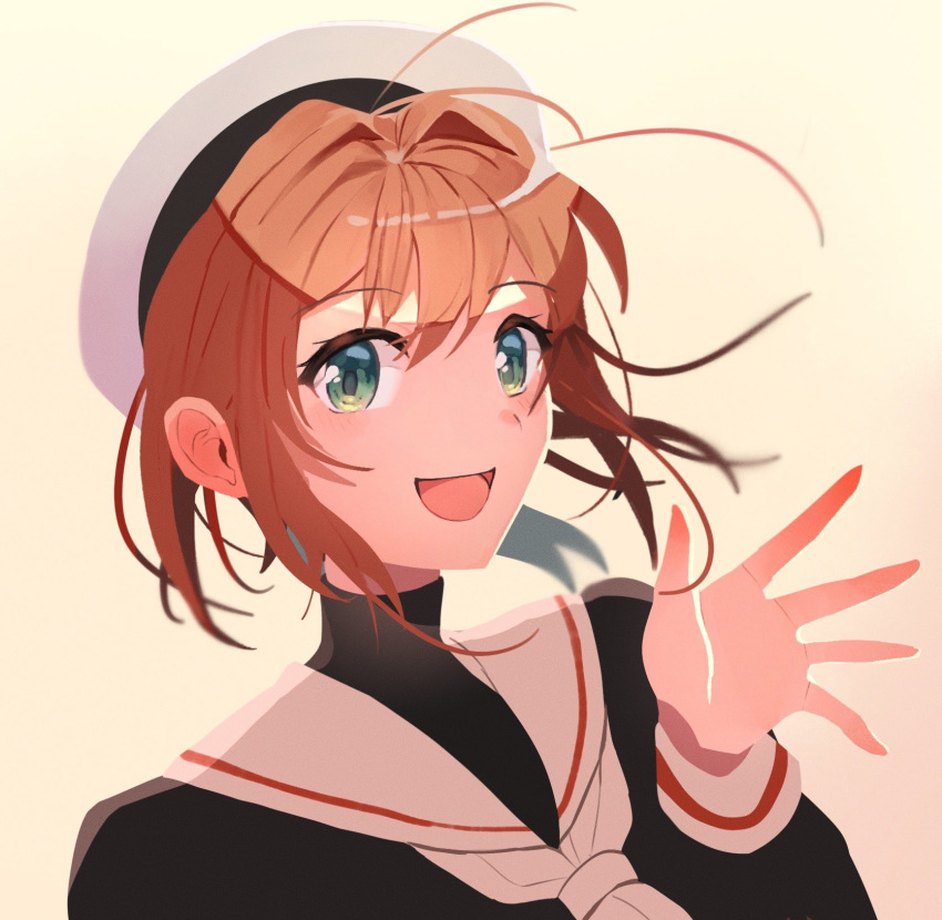 1girl antenna_hair brown_hair cardcaptor_sakura green_eyes hat highres kinomoto_sakura looking_at_viewer open_mouth sailor_collar sailor_hat school_uniform short_hair simple_background smile solo takamizo turtleneck upper_body waving