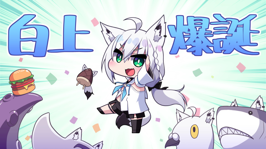 1girl ahoge animal_ear_fluff animal_ears arm_up bangs blue_neckwear blush chibi commentary_request detached_sleeves emphasis_lines eyebrows_visible_through_hair food fox_ears fox_girl fox_tail green_eyes hair_between_eyes hamburger highres hololive leg_up looking_at_viewer neckerchief open_mouth oruyanke_(shirakami_fubuki) shark shirakami_fubuki sidelocks single_thighhigh tail tentacles thigh-highs thigh_strap translation_request v-shaped_eyebrows virtual_youtuber white_hair white_hoodie yoru_no_night
