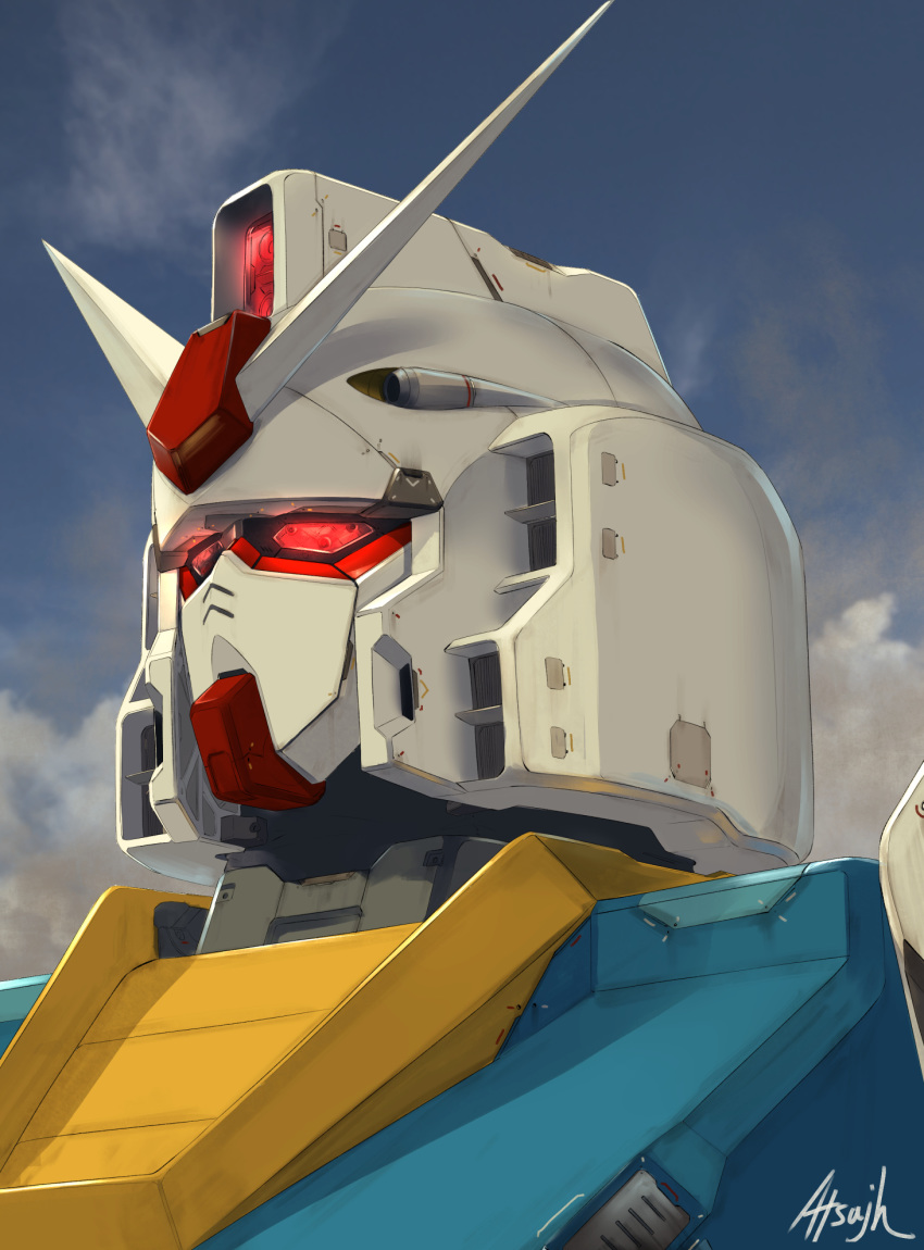 artist_name atsajh close-up glowing glowing_eyes gundam highres looking_up mecha mobile_suit_gundam no_humans red_eyes rx-78-2 science_fiction sky solo v-fin