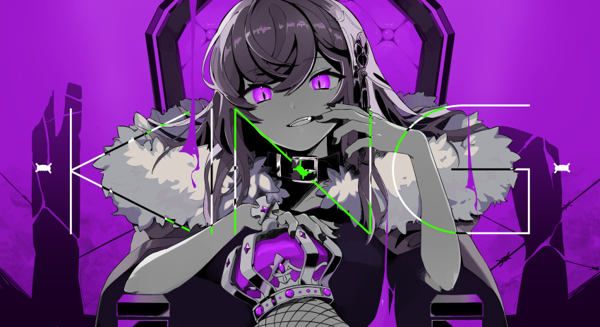 1girl absurdres asano_ruri asano_sisters_project barbed_wire chair collar crown finger_to_mouth fur_trim gomapiyo_(gmpy_oaio) hair_ornament highres king_(vocaloid) limited_palette long_hair looking_at_viewer nail_polish purple_background purple_theme sitting smile solo song_name teeth upper_body