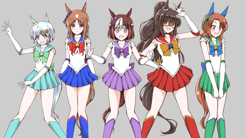 5girls :d :o animal_ears aqua_choker aqua_footwear aqua_skirt asymmetrical_bangs bangs bishoujo_senshi_sailor_moon blue_bow blue_choker blue_eyes blue_footwear blue_hair blue_skirt blunt_ends blush bob_cut boots bow brown_background brown_hair choker commentary_request domino_mask ear_covers ear_ribbon el_condor_pasa elbow_gloves eyebrows_visible_through_hair flower gloves grass_wonder green_bow green_choker green_footwear green_skirt grey_background hair_bow hair_flower hair_ornament hairband hand_on_hip horse_ears horse_girl horse_tail king_halo knee_boots leotard long_hair looking_at_viewer mask medium_hair miniskirt multicolored_hair multiple_girls open_mouth parted_lips pleated_skirt ponytail pose purple_bow purple_choker purple_footwear purple_skirt red_bow red_choker red_eyes red_footwear red_skirt sailor_collar sailor_senshi_uniform seiun_sky short_hair short_sleeves side-by-side simple_background skirt skirt_hold skirt_tug smile special_week standing sweatdrop tail tanaka_wonder two-tone_hair umamusume v_arms violet_eyes w w_arms white_gloves white_hairband white_leotard