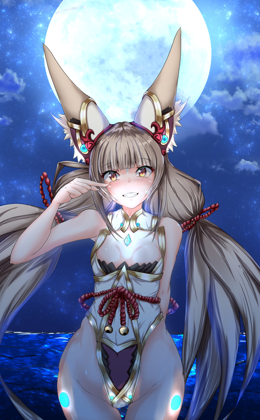 1girl absurdres animal_ears breasts chest_jewel cowboy_shot detached_sleeves facial_mark fangs grin highleg highleg_leotard highres leotard long_hair looking_at_viewer low_twintails moon nia_(blade)_(xenoblade) nia_(xenoblade) night outdoors shindayomon silver_hair small_breasts smile solo tears twintails very_long_hair wiping_tears xenoblade_chronicles_(series) xenoblade_chronicles_2 yellow_eyes