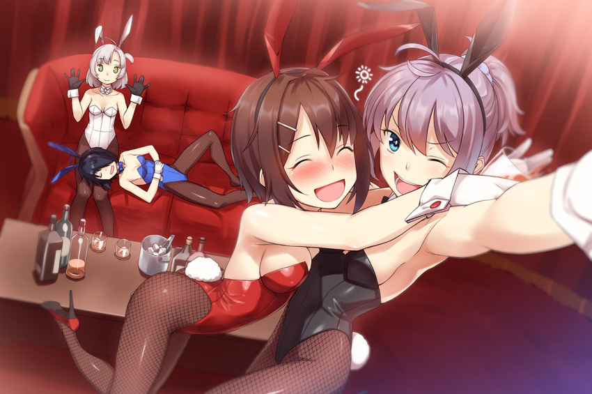 4girls alcohol alternate_costume animal_ears aoba_(kantai_collection) armpits arms_up bare_arms bare_shoulders black_gloves black_hair black_leotard blue_eyes blue_leotard blush bottle bow bowtie breasts brown_hair bunny_girl bunny_tail closed_eyes closed_mouth commentary_request cup detached_collar drinking_glass drunk eyebrows_visible_through_hair fake_animal_ears fake_tail fishnet_legwear fishnets furutaka_(kantai_collection) gahaku gloves green_eyes hair_ornament hairclip hug kako_(kantai_collection) kantai_collection kinugasa_(kantai_collection) leotard looking_at_viewer medium_breasts multiple_girls nose_blush one_eye_closed pantyhose playboy_bunny purple_hair rabbit_ears red_leotard sideboob silver_hair sleeping strapless strapless_leotard tail white_leotard wrist_cuffs