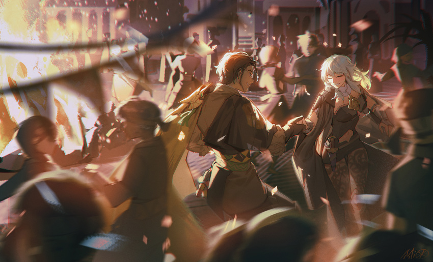 1boy 1girl alzi_xiaomi armor bangs blurry brown_hair brown_theme byleth_(fire_emblem) byleth_eisner_(female) cape claude_von_riegan closed_eyes clothing_cutout commentary_request confetti crowd dancing dark depth_of_field detached_collar faceless faceless_female faceless_male fire_emblem fire_emblem:_three_houses green_hair happy highres holding_hands laughing light_particles long_hair long_sleeves motion_blur navel_cutout outstretched_arm pants pantyhose pauldrons print_legwear profile robe sash shoulder_armor sideburns sidelocks single_pauldron vambraces