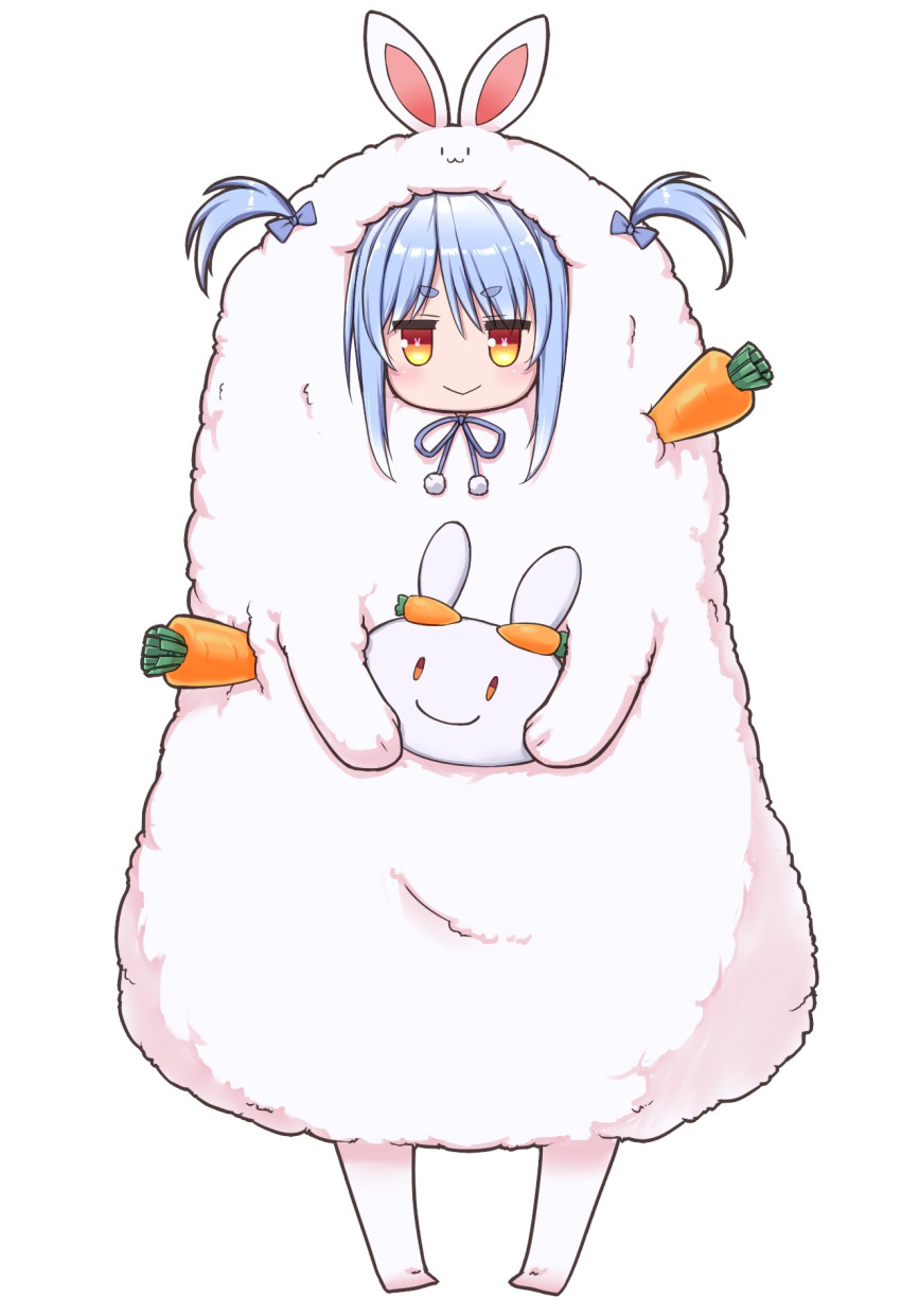 1girl :3 animal_costume animal_ears animal_hood bangs blue_hair blue_ribbon blush bow bunny_costume bunny_hood carrot closed_mouth cocytus_(wind_master) commentary commentary_request don-chan_(usada_pekora) eyebrows_visible_through_hair food full_body hair_between_eyes hair_ribbon highres holding hololive hood looking_at_viewer orange_eyes rabbit_ears rabbit_girl ribbon simple_background smile twintails usada_pekora virtual_youtuber white_background