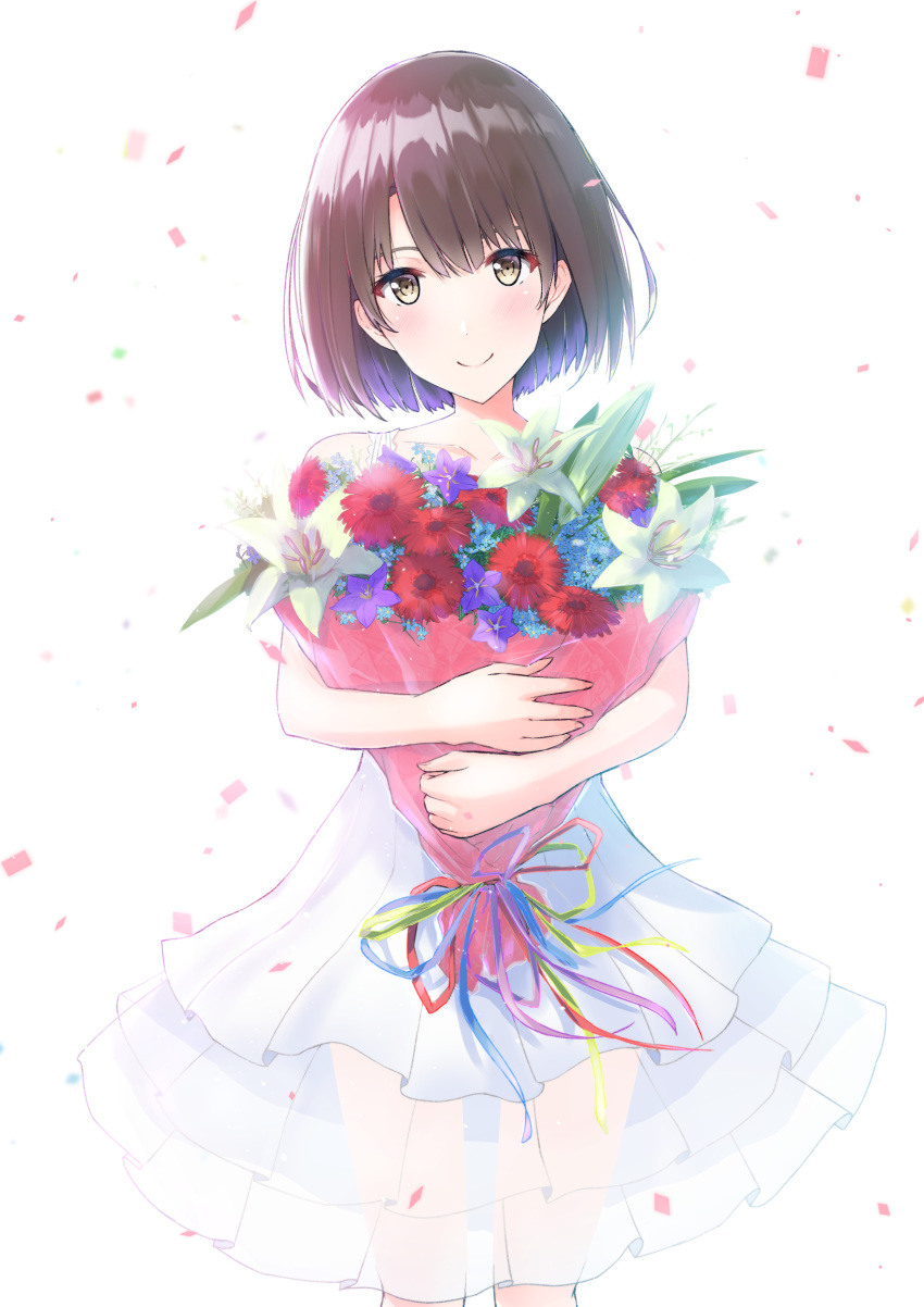 1girl absurdres bangs bare_arms bouquet brown_eyes brown_hair closed_mouth confetti dress flower head_tilt highres holding holding_bouquet katou_megumi kikuwata looking_at_viewer saenai_heroine_no_sodatekata see-through short_hair simple_background smile solo standing white_background white_dress