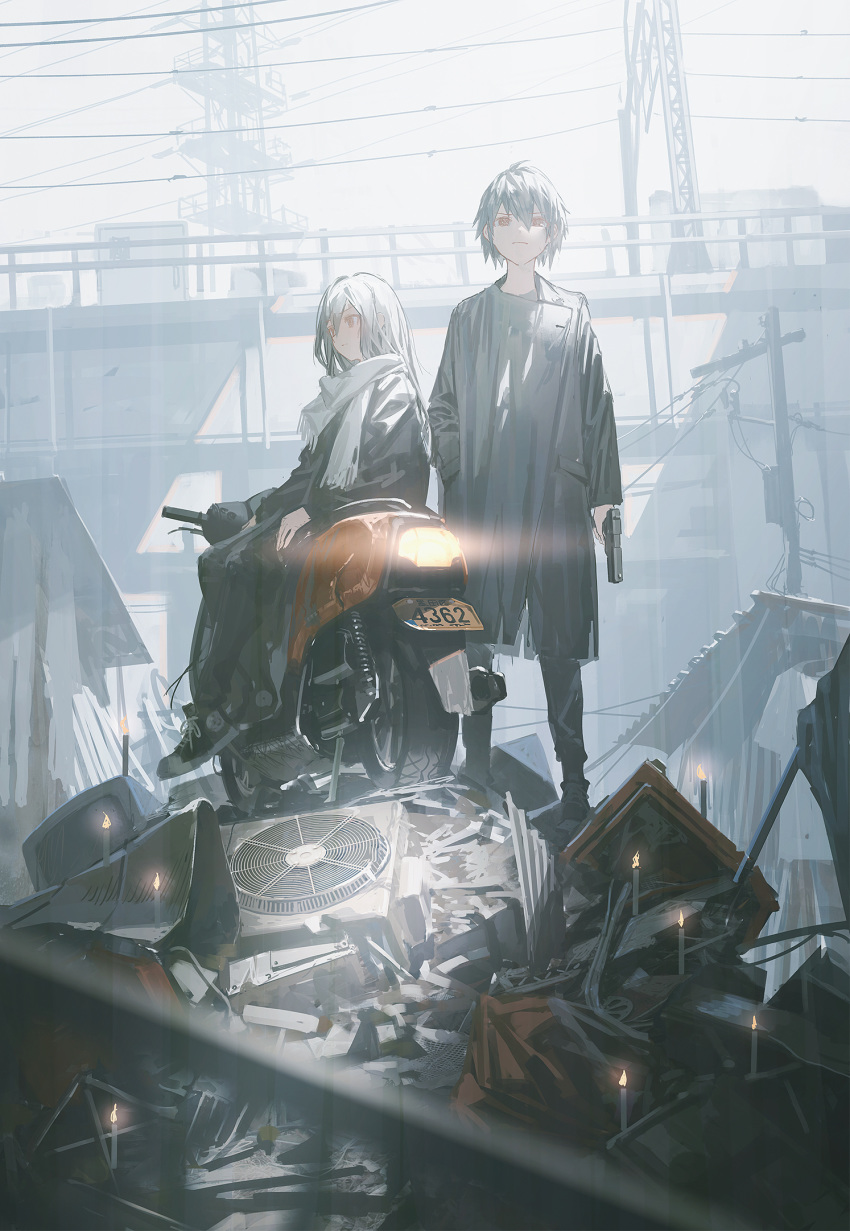 1boy 1girl candle grey_hair ground_vehicle gun hair_between_eyes hand_in_pocket handgun highres holding holding_gun holding_weapon long_coat long_hair looking_at_viewer motor_vehicle motorcycle original overhead_line red_eyes reoen scarf short_hair sitting standing weapon white_hair