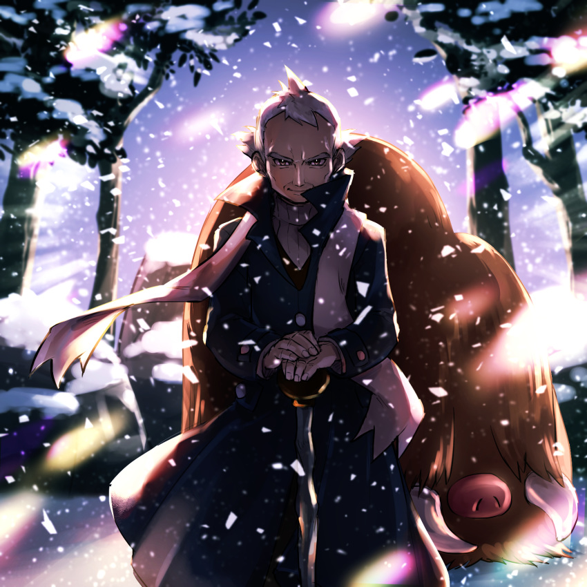 1boy akihorisu blue_coat brown_eyes cane closed_mouth coat commentary day fingernails floating_clothes gen_2_pokemon highres holding long_sleeves looking_at_viewer outdoors piloswine pokemon pokemon_(creature) pokemon_(game) pokemon_hgss pryce_(pokemon) scarf smile snow snowing tree white_hair white_scarf