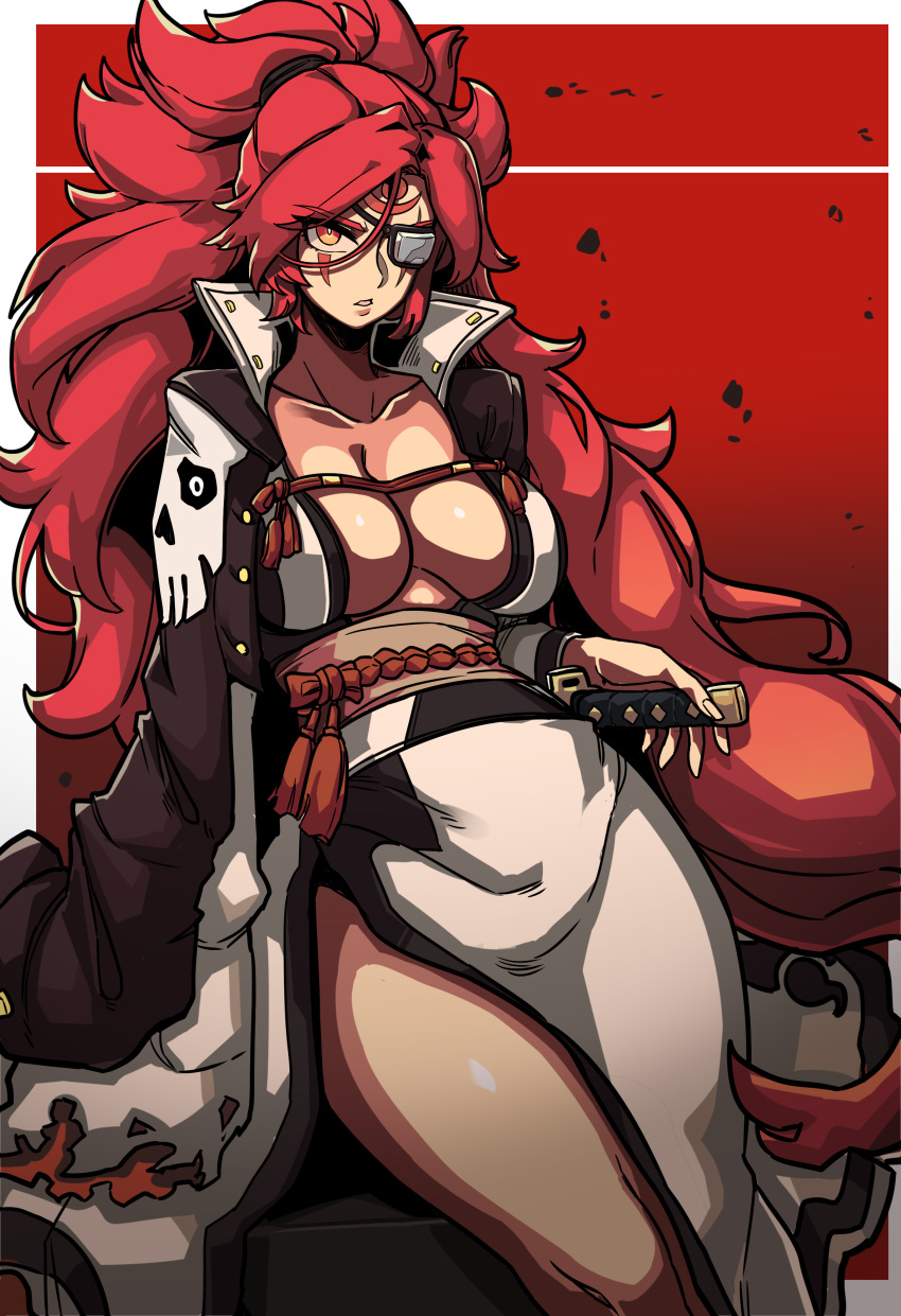 1girl absurdres amputee baiken big_hair black_jacket black_kimono border breasts eyepatch facial_tattoo guilty_gear guilty_gear_xrd highres jacket jacket_on_shoulders japanese_clothes kataginu katana kimono large_breasts masgamjya multicolored multicolored_clothes multicolored_kimono one-eyed open_clothes open_kimono ponytail red_background redhead scar sword tattoo weapon white_border white_kimono