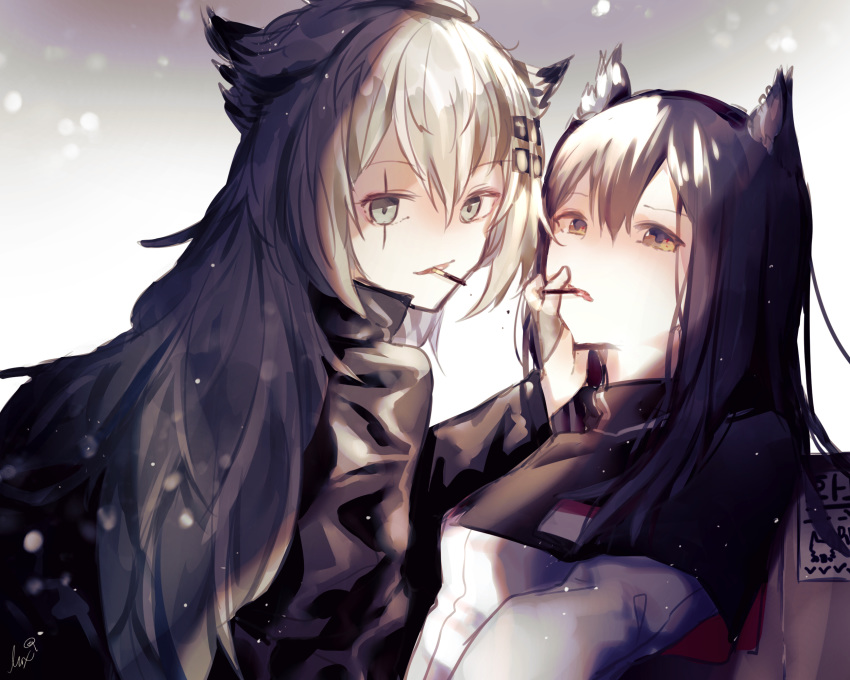 2girls animal_ears ariez arknights bangs black_hair brown_eyes capelet food fox_ears grey_eyes hair_between_eyes hand_on_another's_face highres lappland_(arknights) long_hair looking_at_viewer mouth_hold multicolored_hair multiple_girls pocky pocky_kiss scar scar_across_eye signature silver_hair streaked_hair texas_(arknights) yuri