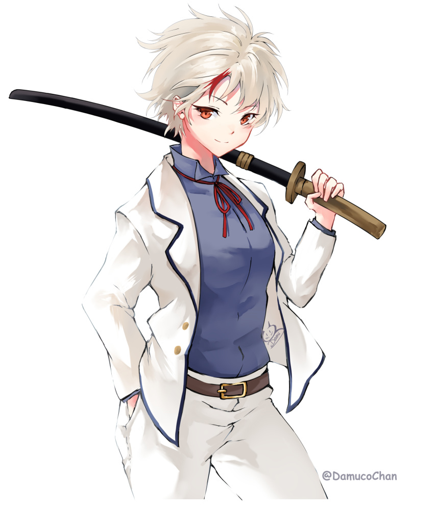 1girl absurdres belt blue_shirt breasts carrying_over_shoulder collared_shirt cowboy_shot damucochan dress_shirt han'you_no_yashahime hand_in_pocket highres higurashi_towa holding holding_sword holding_weapon inuyasha jacket long_sleeves looking_at_viewer multicolored_hair neck_ribbon open_clothes open_jacket orange_eyes pants red_neckwear red_ribbon redhead ribbon shirt smile solo streaked_hair sword weapon white_background white_jacket white_pants wing_collar