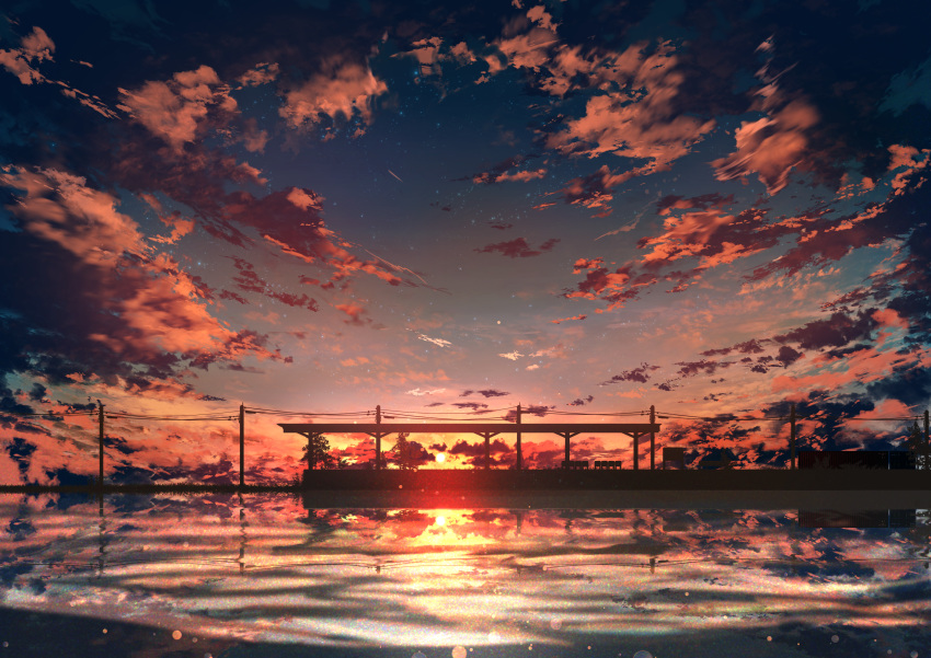 abisswalker8 absurdres chair clouds cloudy_sky commentary_request highres horizon huge_filesize no_humans ocean original outdoors power_lines reflection scenery sky station sunset water