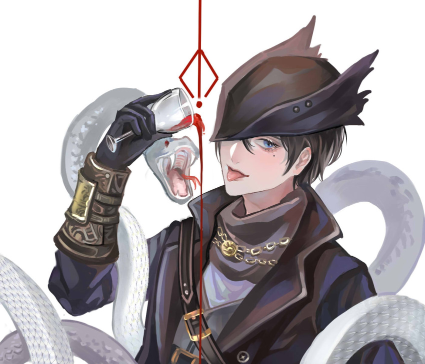 1boy alcohol belt black_gloves bloodborne brown_coat brown_headwear chain coat commentary_request cup drinking_glass gali_(jiecaomeizi) gloves hand_up hat highres holding hunter_(bloodborne) looking_at_viewer mole mole_under_eye short_hair simple_background snake solo spilling tongue tongue_out tricorne violet_eyes white_background wine wine_glass