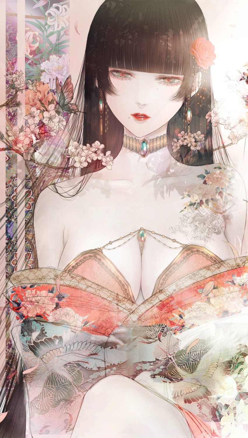 1girl absurdres bangs black_hair blunt_bangs breasts cherry_blossoms highres hime_cut huge_filesize japanese_clothes mole mole_under_mouth original pale_skin satsuki_kei