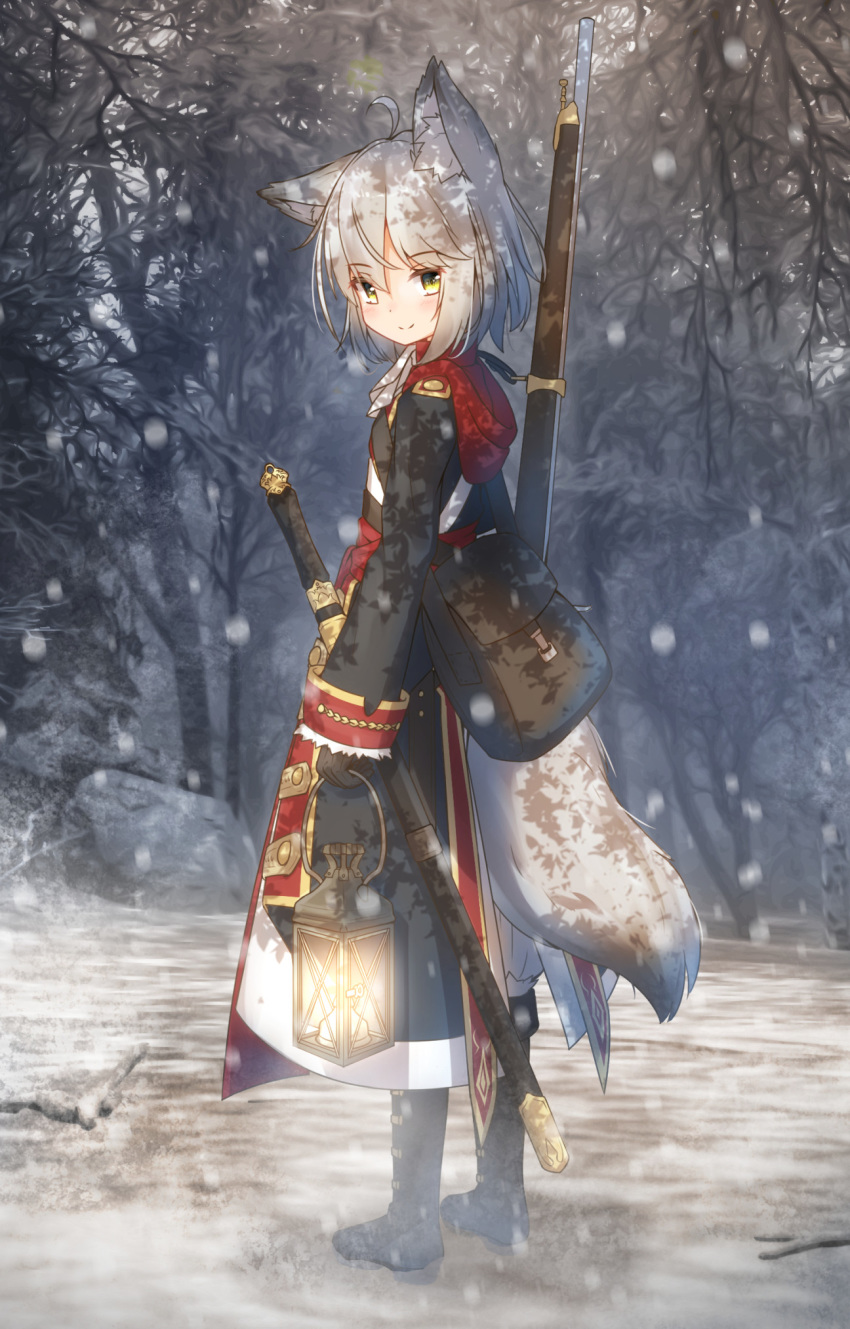 1girl ahoge animal_ear_fluff animal_ears ascot bag bangs bare_tree black_coat black_footwear black_gloves blush boots closed_mouth coat coreytaiyo cross-laced_footwear day eyebrows_visible_through_hair forest gloves grey_hair hair_between_eyes highres holding holding_lantern lace-up_boots lantern long_sleeves looking_at_viewer looking_to_the_side nature original outdoors pants puffy_pants sheath sheathed sleeves_past_wrists smile snow snowing solo standing sword tail tree weapon white_neckwear white_pants yellow_eyes