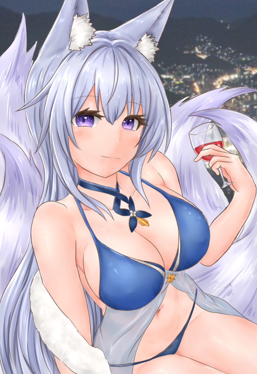 1girl absurdres animal_ear_fluff animal_ears azur_lane blue_collar collar cover_(cover_re) cup drinking_glass eyebrows_visible_through_hair fox hair_between_eyes highres holding holding_cup kitsune kyuubi large_tail multiple_tails see-through shinano_(azur_lane) shinano_(light_of_the_hazy_moon)_(azur_lane) silver_hair solo tail violet_eyes white_tail wine_glass