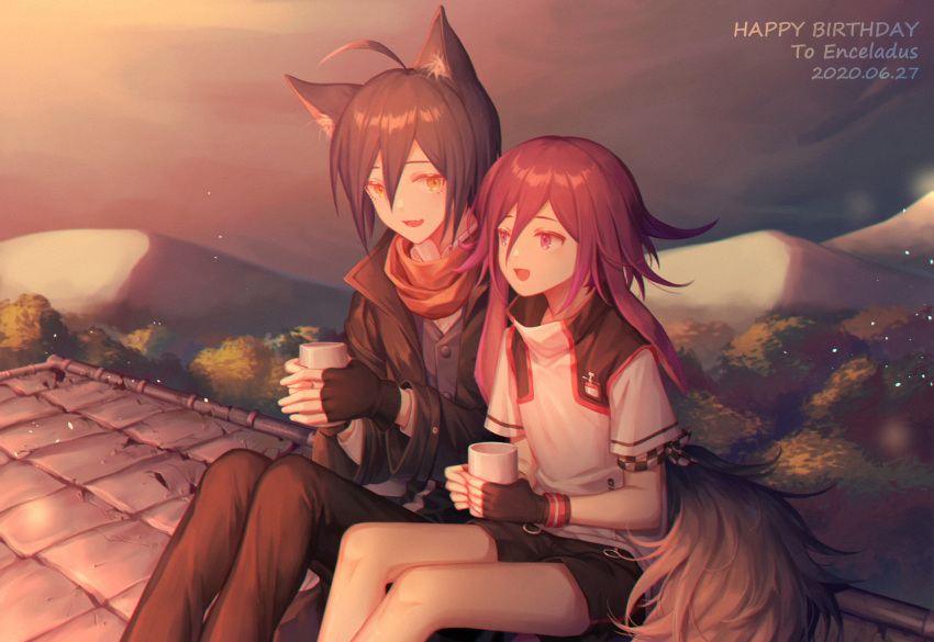 2boys :d ahoge alternate_costume animal_ears black_gloves black_hair black_jacket black_shirt black_shorts brown_eyes brown_pants checkered commentary_request cup dangan_ronpa dated ewa_(seraphhuiyu) fingerless_gloves gloves happy_birthday highres holding holding_cup jacket long_hair looking_at_another mountainous_horizon multiple_boys new_dangan_ronpa_v3 open_mouth orange_scarf ouma_kokichi outdoors pants purple_hair saihara_shuuichi scarf shirt short_hair short_sleeves shorts sitting smile sunset tail tree vest white_shirt wolf_boy wolf_ears wolf_tail