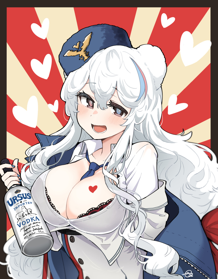 1girl absurdres alcohol animal_ears arknights bear_ears between_breasts blue_coat blue_eyes blue_headwear blue_nails blue_neckwear bottle bra bra_peek breasts coat commentary heart heterochromia highres holding holding_bottle jacket junsuina_fujunbutsu large_breasts long_sleeves looking_at_viewer multicolored_hair nail_polish necktie necktie_between_breasts off-shoulder_coat off_shoulder open_clothes open_coat open_mouth red_eyes rosa_(arknights) shirt signature smile solo streaked_hair unbuttoned unbuttoned_shirt underwear upper_body vodka wavy_hair white_hair white_jacket white_shirt