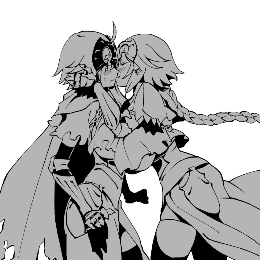 2girls ahoge armor armored_dress bangs blush braid breasts cape closed_eyes dual_persona embarrassed eyebrows_visible_through_hair face-to-face fate/grand_order fate_(series) gauntlets gloves greyscale hair_between_eyes hands_on_another's_face headpiece highres imminent_kiss jeanne_d'arc_(alter)_(fate) jeanne_d'arc_(fate)_(all) large_breasts long_hair monochrome multiple_girls poriuretan selfcest short_hair simple_background thigh-highs torn_cape torn_clothes very_long_hair white_background yuri