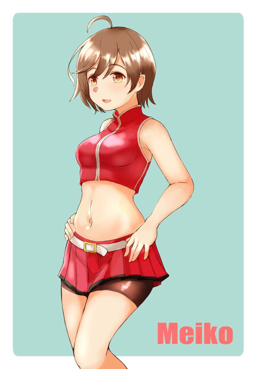 1girl ahoge belt bike_shorts breasts brown_eyes brown_hair character_name commentary crop_top hand_on_hip highres jacket light_smile looking_at_viewer matsuhisa_(ryo-tsuda1) medium_breasts meiko midriff miniskirt navel open_mouth pleated_skirt red_jacket red_skirt short_hair simple_background skirt sleeveless sleeveless_jacket solo standing vocaloid