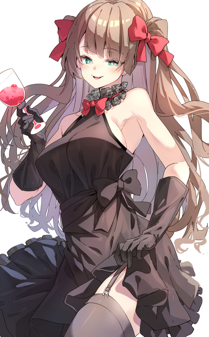 1girl absurdres alcohol bangs black_dress black_gloves black_legwear bow breasts brown_hair commission cup darjeeling_(reley) dress drinking_glass elbow_gloves eyebrows_visible_through_hair fang garter_straps gloves green_eyes hair_bow highres holding holding_cup long_hair medium_breasts original parted_lips red_bow simple_background skeb_commission sleeveless sleeveless_dress smile solo thigh-highs two_side_up very_long_hair white_background wine wine_glass