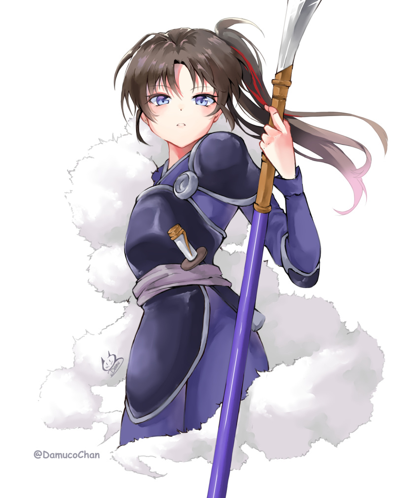 1girl absurdres armor bangs blue_eyes brown_hair cowboy_shot damucochan elbow_pads fur han'you_no_yashahime highlights highres holding holding_weapon inuyasha japanese_clothes long_hair long_sleeves looking_at_viewer multicolored_hair naginata pants parted_lips pauldrons polearm sash setsuna_(inuyasha) short_sword shoulder_armor side_ponytail sidelocks solo streaked_hair sword two-tone_hair weapon white_background