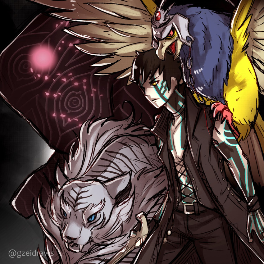 1boy animal animal_on_shoulder arm_tattoo bare_shoulders beak belt bird bird_on_shoulder black_coat black_hair bracelet cane chest_tattoo coat cosplay crossover demon devil_may_cry devil_may_cry_5 eagle facial_tattoo fang fangs full_body_tattoo griffon_(devil_may_cry_5) gzei hand_tattoo hawk highres hitoshura holding holding_cane jewelry lion male_focus monster necklace panther shadow_(devil_may_cry_5) shin_megami_tensei shin_megami_tensei_iii:_nocturne shirtless short_hair standing tattoo tiger tooth_necklace v_(devil_may_cry) vest wristband yellow_eyes
