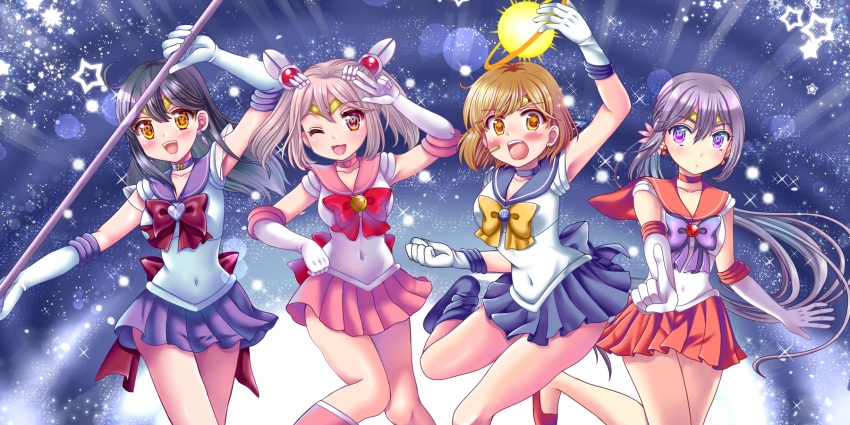 4girls ahoge akebono_(kantai_collection) aura back_bow bandaid bandaid_on_face bishoujo_senshi_sailor_moon black_hair blue_choker boots bow breasts brown_eyes brown_hair choker circlet cosplay earrings elbow_gloves eyebrows_visible_through_hair flower garnet_rod gloves hair_between_eyes hair_flower hair_ornament highres holding holding_spear holding_weapon inner_senshi jewelry kantai_collection large_breasts long_hair multiple_girls night oboro_(kantai_collection) open_mouth outer_senshi polearm purple_hair purple_sailor_collar red_ribbon red_sailor_collar ribbon sailor_chibi_moon sailor_chibi_moon_(cosplay) sailor_collar sailor_mars sailor_mars_(cosplay) sailor_saturn sailor_saturn_(cosplay) sailor_senshi sailor_senshi_uniform sailor_uranus sailor_uranus_(cosplay) saturn_symbol sazanami_(kantai_collection) sharasohju side_ponytail silence_glaive sky smile spear star_(sky) star_(symbol) star_choker starry_sky super_sailor_saturn ushio_(kantai_collection) very_long_hair violet_eyes weapon white_gloves