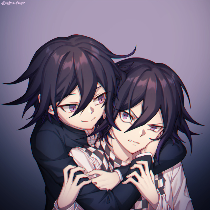 2boys black_jacket checkered checkered_scarf commentary_request dangan_ronpa dual_persona ewa_(seraphhuiyu) gradient gradient_background hair_between_eyes hand_on_another's_cheek hand_on_another's_face highres hug hug_from_behind jacket long_sleeves looking_at_another looking_at_viewer male_focus medium_hair multiple_boys new_dangan_ronpa_v3 ouma_kokichi parted_lips scarf school_uniform shirt smile teeth twitter_username upper_body white_jacket white_shirt