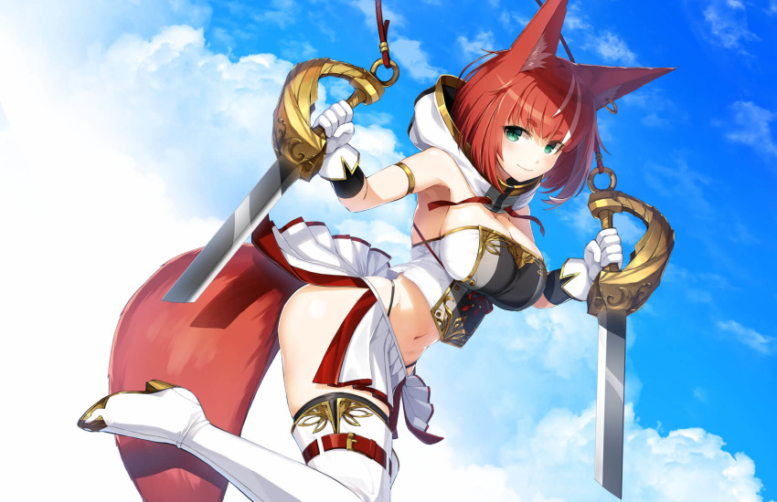 1girl animal_ears armband armpits bare_shoulders black_legwear boots clouds crop_top crop_top_overhang dual_wielding fox_ears fox_girl fox_tail gloves gold_trim green_eyes groin high_heel_boots high_heels highleg highres holding holding_sword holding_weapon hood hood_down looking_at_viewer meth_(emethmeth) midriff miniskirt multicolored_hair navel original pleated_skirt redhead revealing_clothes reverse_grip shirt short_hair side_slit skirt sleeveless sleeveless_shirt smile solo stomach strapless streaked_hair sword tail thigh-highs thigh_boots tubetop weapon white_footwear white_gloves white_skirt